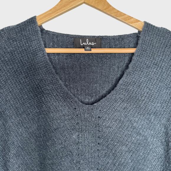 Lulus Small Dark Slate Blue V-Neck Sweater Knit Dolman Sleeve Relaxed Fit Boho - Picture 3 of 9